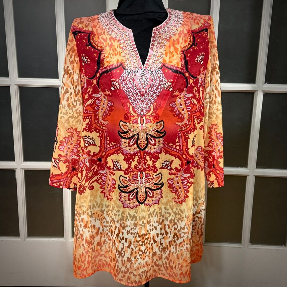 Chicos Embellished Coastal Mix Tunic Top Seville Orange Animal Paisley Size 2 L